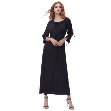 Kate Kasin Frauen 3/4 Ärmel Rundhals Ausschnitt Vordere Baumwolle Schwarz Maxi Lang Kleid KK000640-1